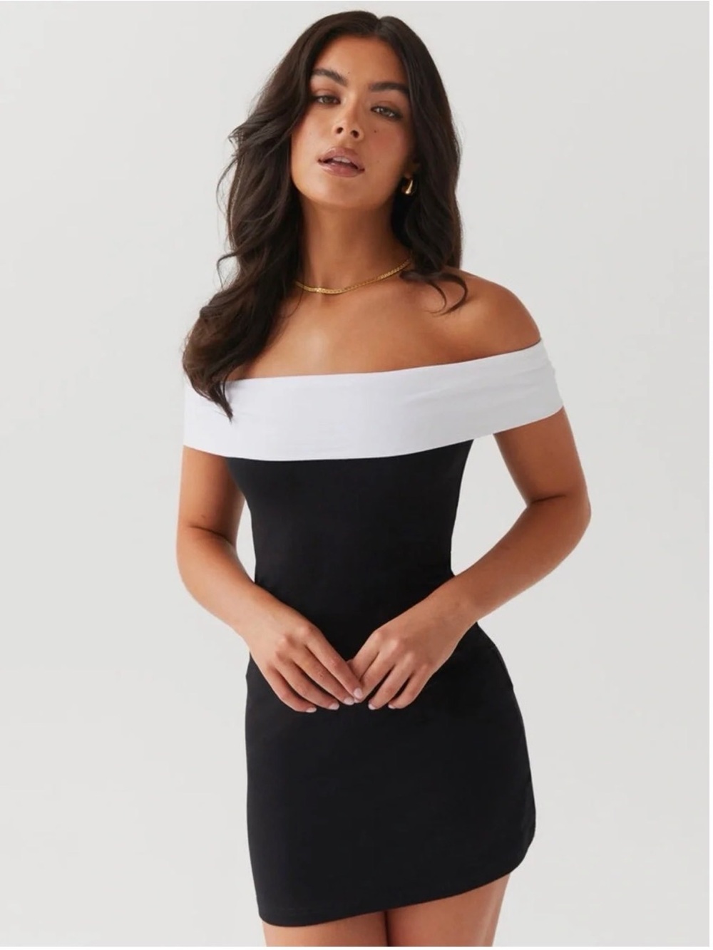 Peppermayo Black Mini Dress with White Foldover Off-Shoulder